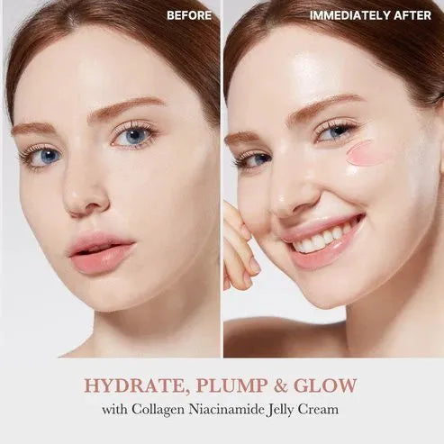 Before and after skincare comparison of a woman's face showing the effects of a jelly cream. The left side is labeled 'BEFORE' with a dry, matte complexion, and the right side is labeled 'IMMEDIATELY AFTER' with a hydrated, plump, and glowing complexion.