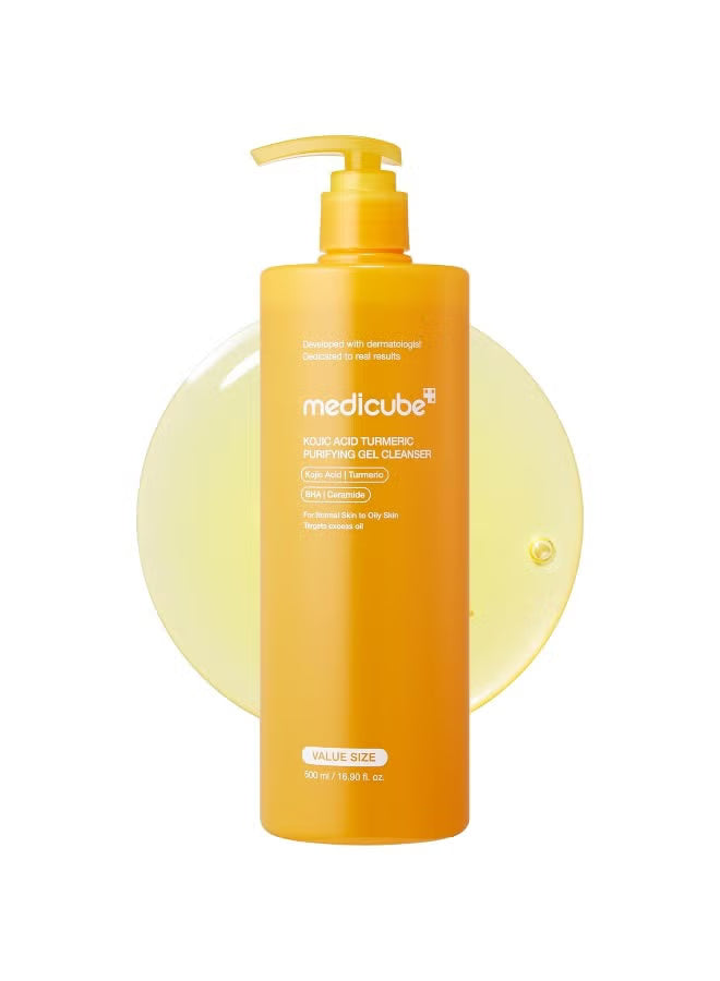 A bottle of medicube Purifying Gel Cleanser in a vibrant orange-yellow color, featuring a matching pump dispenser. The bottle is centered against a clean white background with a soft, translucent yellow circular graphic behind it.Medicube Kojic Acid Turmeric Gel to Foam Cleanser 500ml brightening face wash