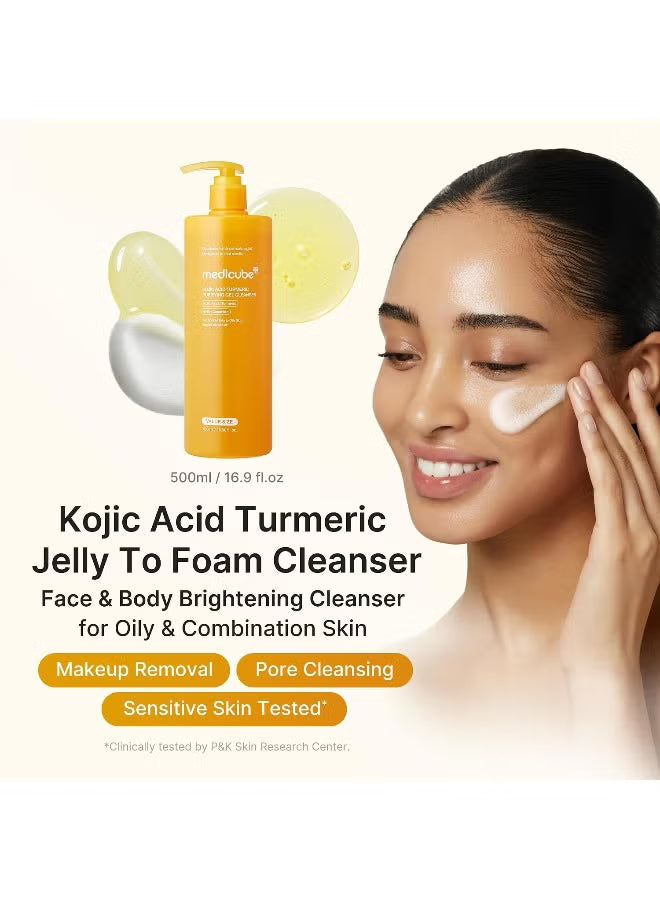 A skincare ad showing a bottle of MediRose Kojic Acid Turmeric Jelly To Foam Cleanser next to a woman applying cream to her face, on a light beige background with product text.Medicube Kojic Acid Turmeric Gel to Foam Cleanser 500ml brightening face wash