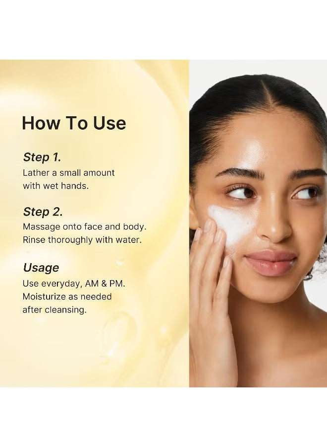 Instructional graphic showing a woman applying a white face mask or cream to her cheek, with text on the left reading 'How To Use' and steps 1, 2, and usage instructions. Medicube Kojic Acid Turmeric Gel to Foam Cleanser 500ml brightening face wash