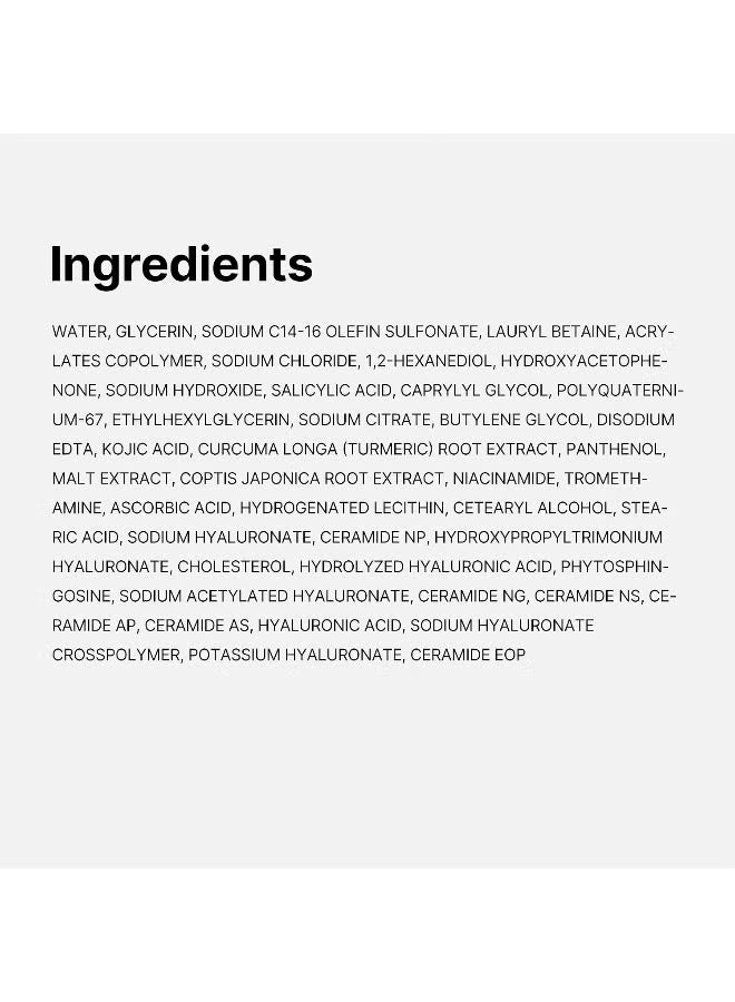 A ingredients listof Medicube Kojic Acid Turmeric Gel to Foam Cleanser 500ml brightening face wash, listing cosmetic ingredients such as water, glycerin, sodium chloride, and various botanical and chemical extracts.
