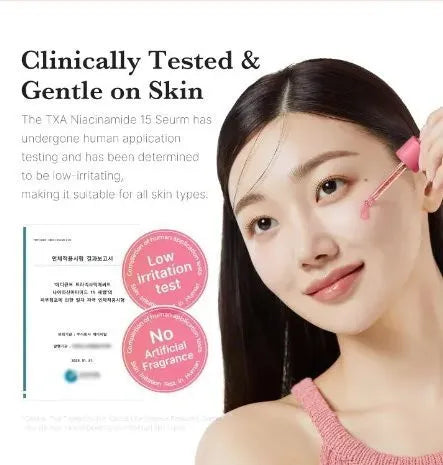 A woman with dark hair applies a pink cosmetic product to her cheek using a pink applicator. Text on the left reads 'Clinically Tested & Gentle on Skin' with additional product information and two pink circular badges stating 'Low Irritation Test' and 'No Artificial Fragrance.