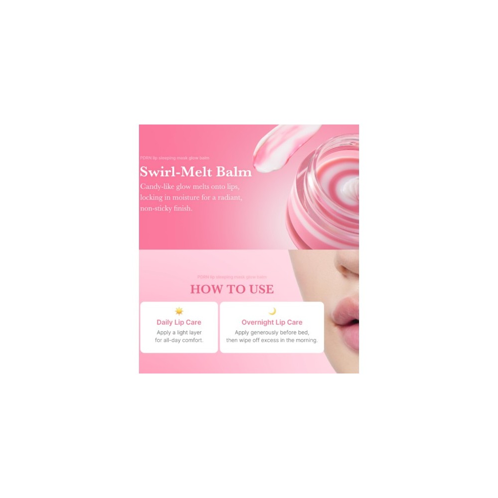 A pink and white beauty instruction card for Swirl-Melt Balm, showing a jar of the balm, a swipe of the product, and usage instructions for daily lip care and overnight lip care.
