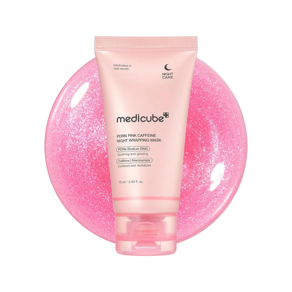 Medicube pink caffeine night wrapping mask on a pink glittery background