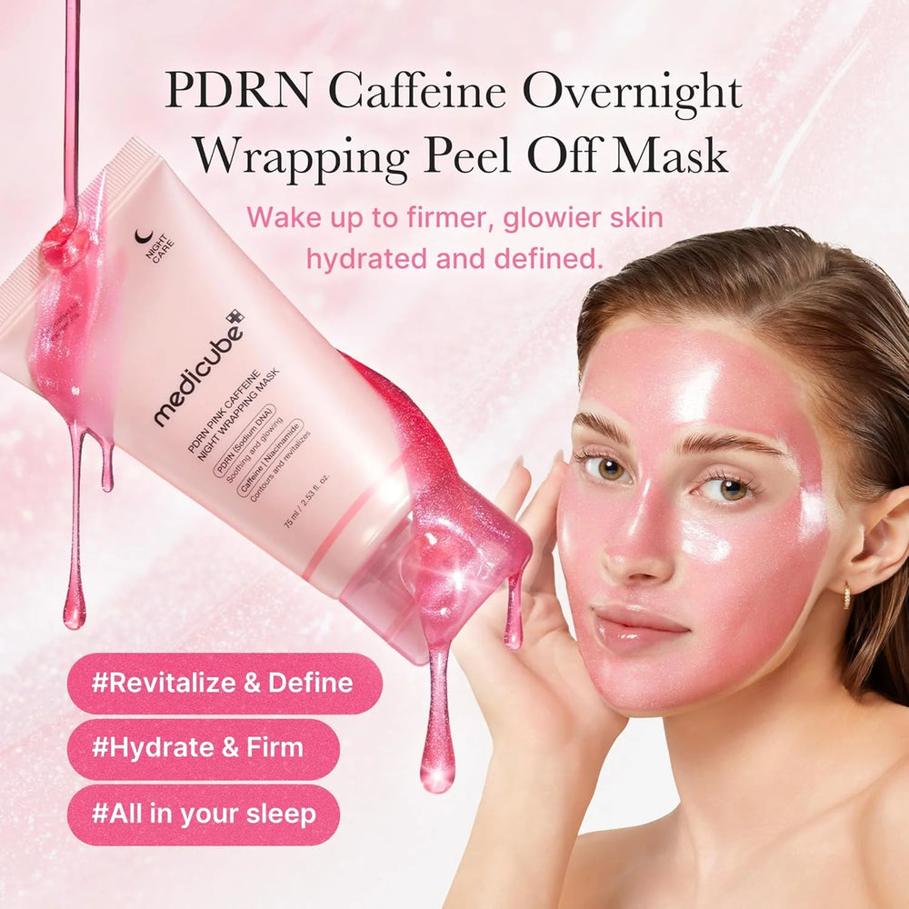 Woman applying a pink PDRN Caffeine Overnight Wrapping Peel Off Mask with product packaging displayed.