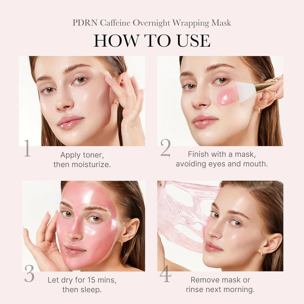 Instructions on how to use a PDRN Caffeine Overnight Wrapping Mask with step-by-step images.Medicube PDRN Pink Caffeine Night Wrapping Mask 75ml