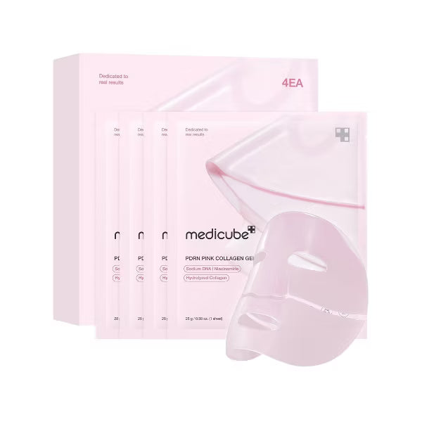 Medicube PORN PINK COLLAGEN GEL facial sheet mask set, showing four individual packets and one large translucent pink sheet mask in front of its light pink packaging box.