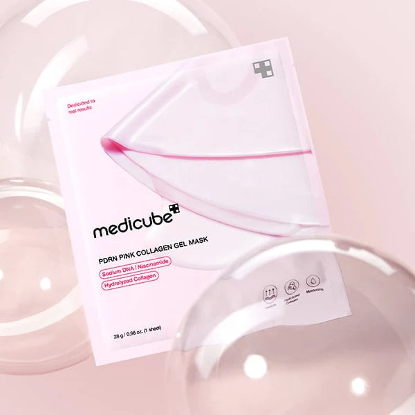 Medicube Porn Pink Collagen Gel Mask packaging on a pink background
