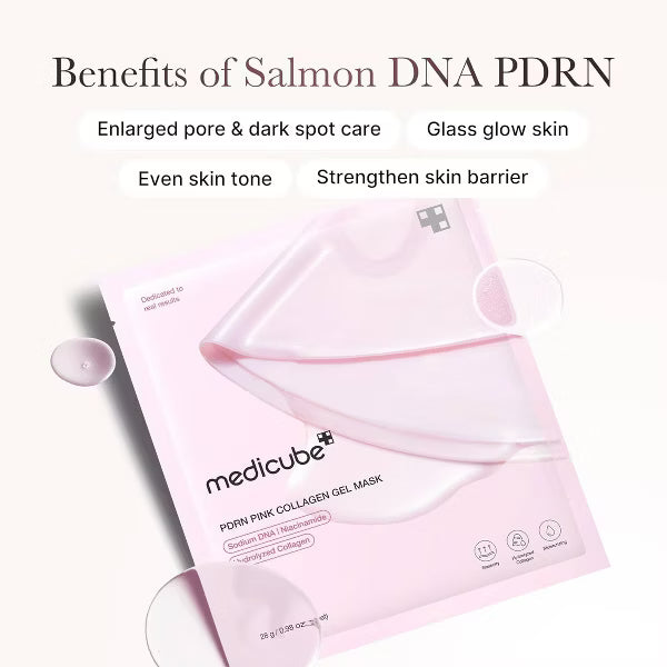 Pink collagen gel mask with text on benefits and brand name on a white background