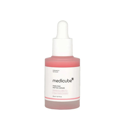 Medicube Formulin Peptide Serum in a frosted glass dropper bottle with a white cap and a white label, containing a pinkish liquid.