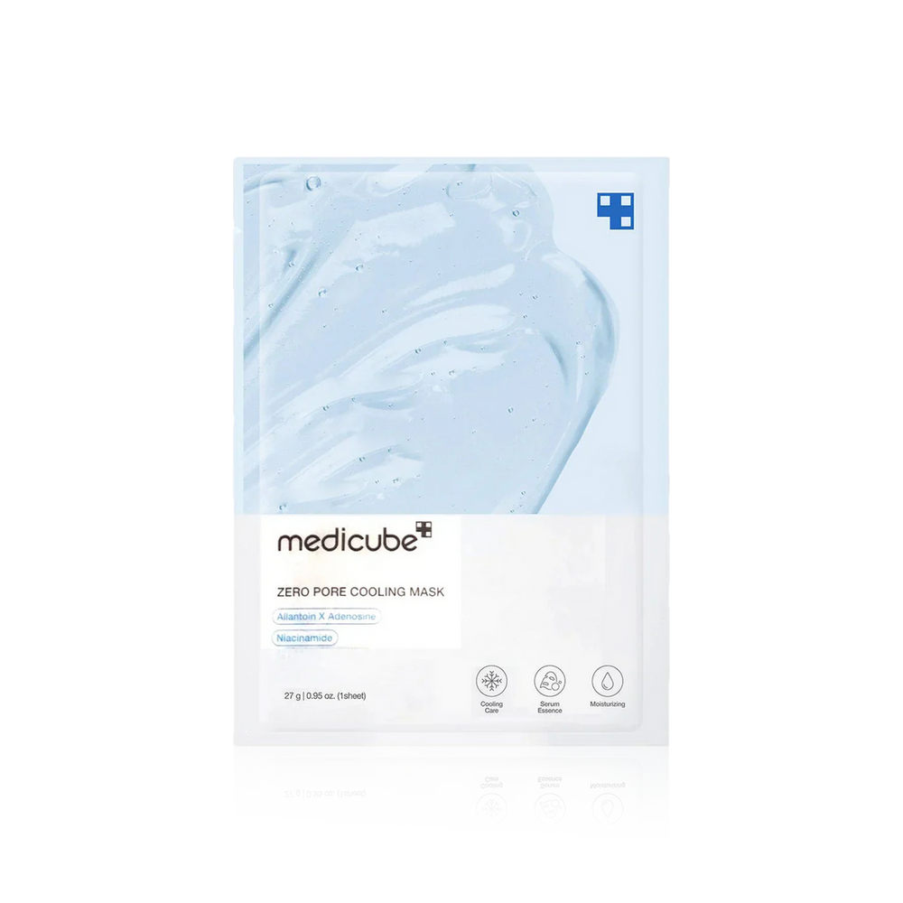 Medicube Zero Pore Cooling Mask sheet packaging, featuring a light blue gel texture graphic and white lower section with product details, on a white background.