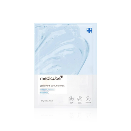 Medicube Zero Pore Cooling Mask sheet packaging, featuring a light blue gel texture graphic and white lower section with product details, on a white background.