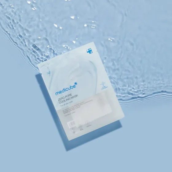 Medicube zero pore cooling mask packaging on a blue water background
