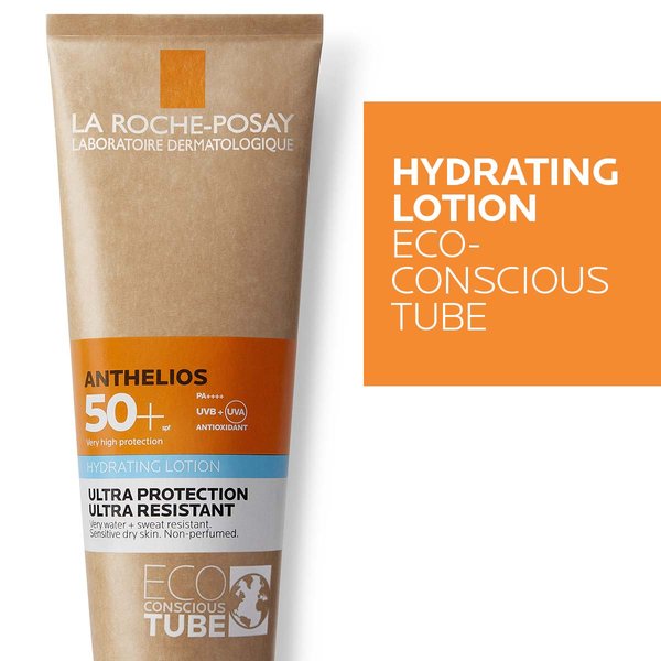 Anthelios SPF 50+ body sunscreen lotion in eco-conscious tube, angled view