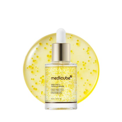 Medicube serum bottle with yellow background