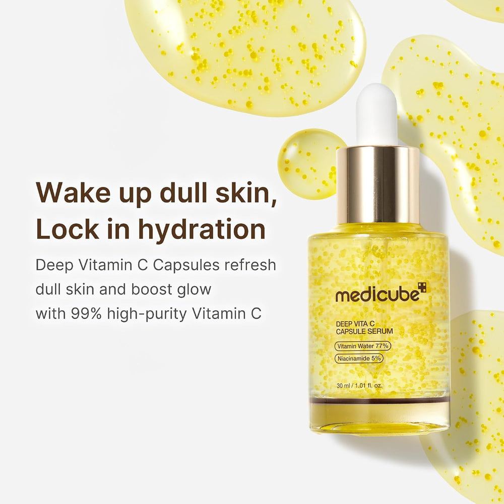 Medicube Deep Vitamin C Capsules serum bottle with text on a white background