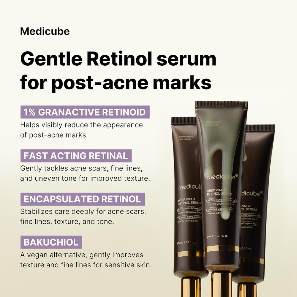 Medicube Gentle Retinol serum for post-acne marks with product packaging on a light background